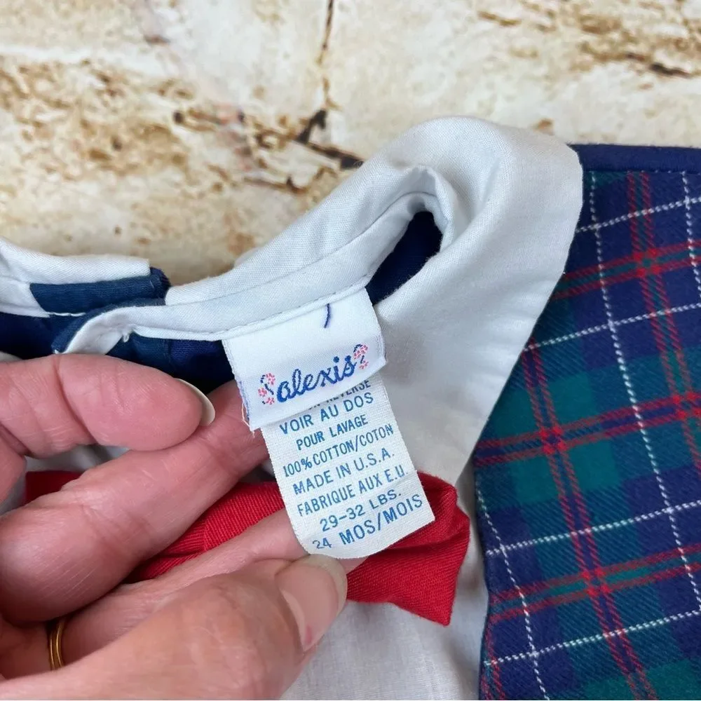 Vintage 80s Alexis Plaid Vest Baby Romper with Red Bow Tie